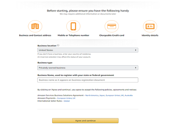 2 Enter your legal business name, business type and business location | How to Create Amazon Seller Account | Bitclu